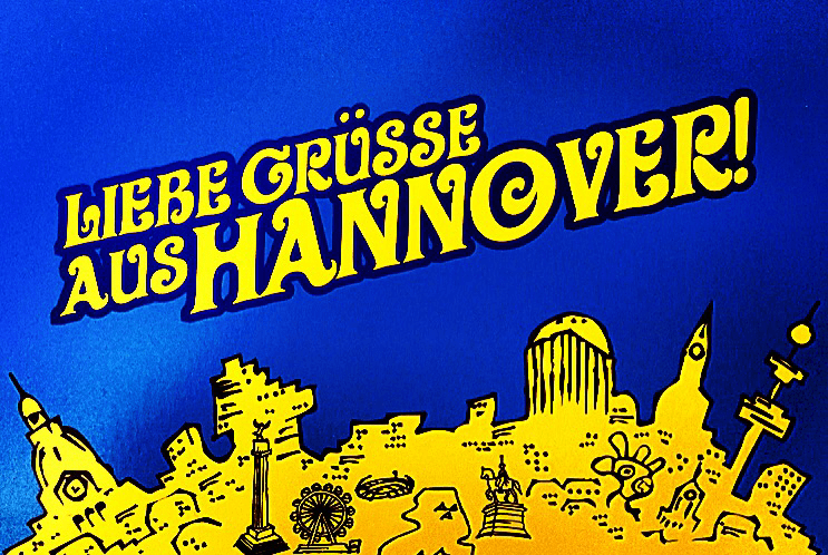 Postkarte, Hannover, Liebe Grüße, Zeichnung, blau, gelb